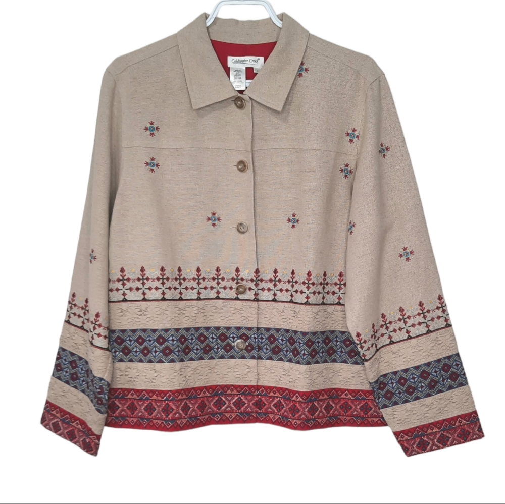 Coldwater Creek Linen Blend Jacket Southwestern Embroidered Lined Womens Size L